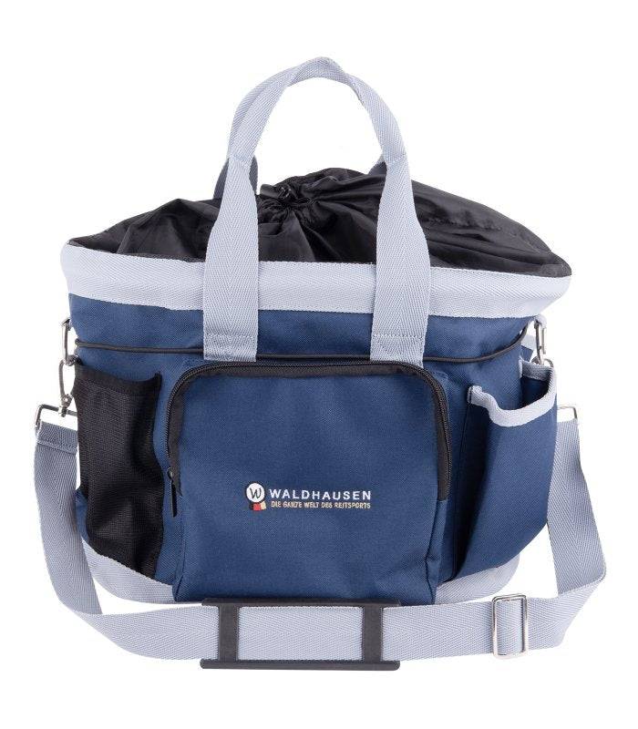 Waldhausen Grooming and Competition Bag in blue with multiple compartments, adjustable strap, and durable design for horse grooming organization.