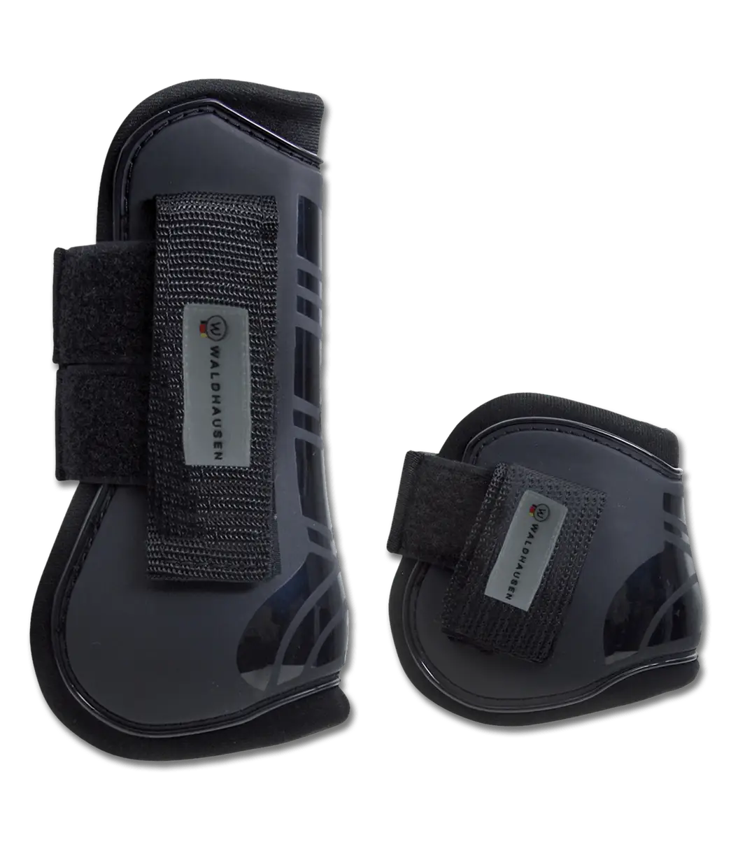 Waldhausen Pro Open Front Tendon & Fetlock Boot Set in black with durable straps, designed for horse leg protection during training and competition.