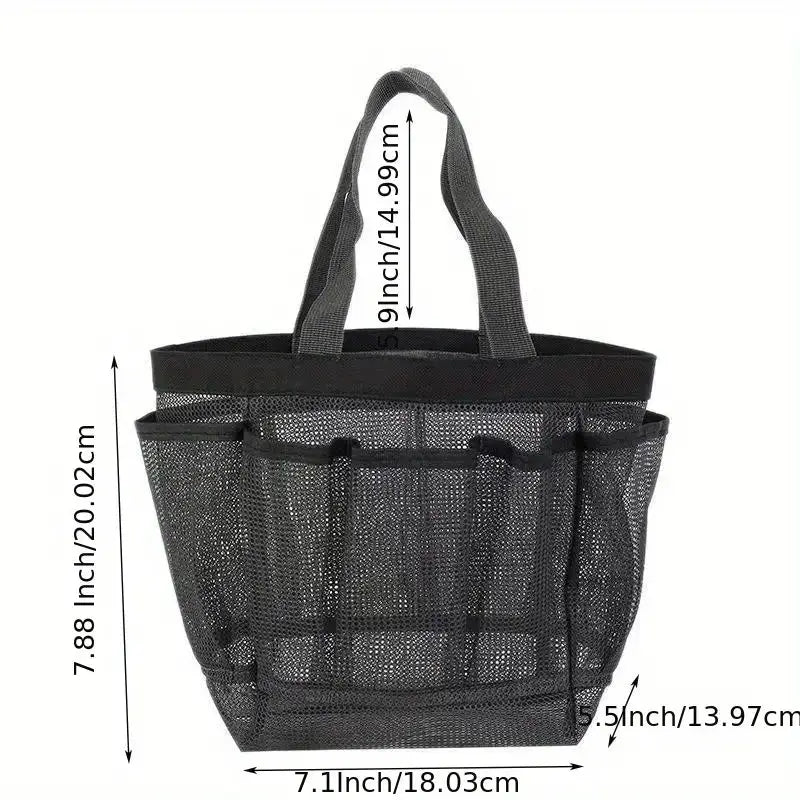 Black mesh storage bag with multiple pockets and dimensions labeled, ideal for organizing horse grooming tools.