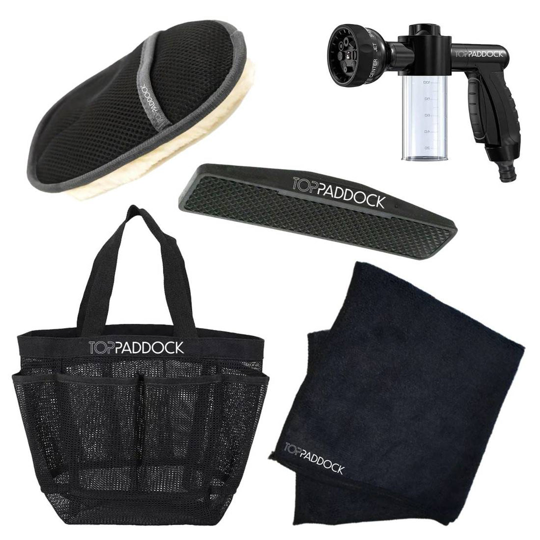 Complete horse wash kit featuring a grooming mitt, flexible curry comb, spray nozzle, microfiber towel, and mesh storage bag.