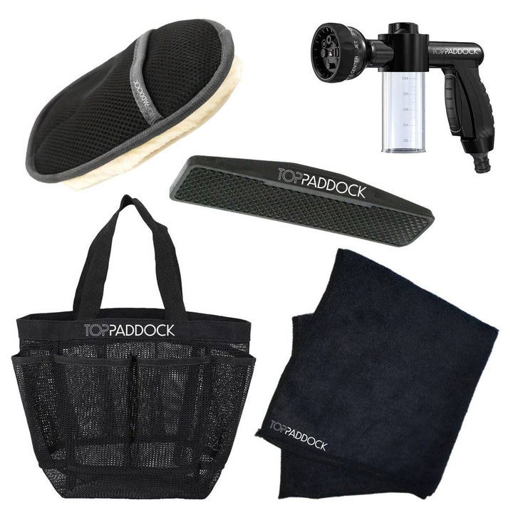 Complete horse wash kit featuring a grooming mitt, flexible curry comb, spray nozzle, microfiber towel, and mesh storage bag.