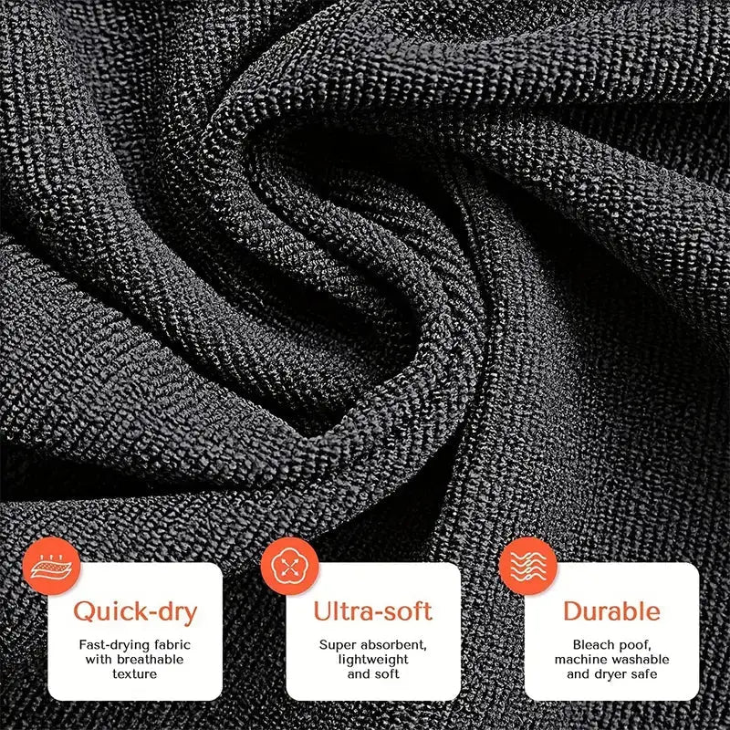 Black microfiber towel with quick-dry, ultra-soft, and durable features highlighted for horse grooming use.