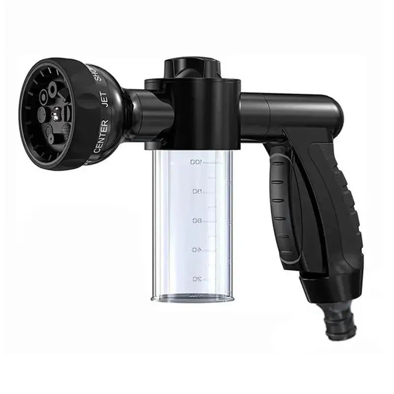 High-pressure spray nozzle with adjustable settings and a built-in soap dispenser for efficient horse washing.