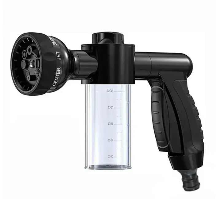 High-pressure spray nozzle with adjustable settings and a built-in soap dispenser for efficient horse washing.