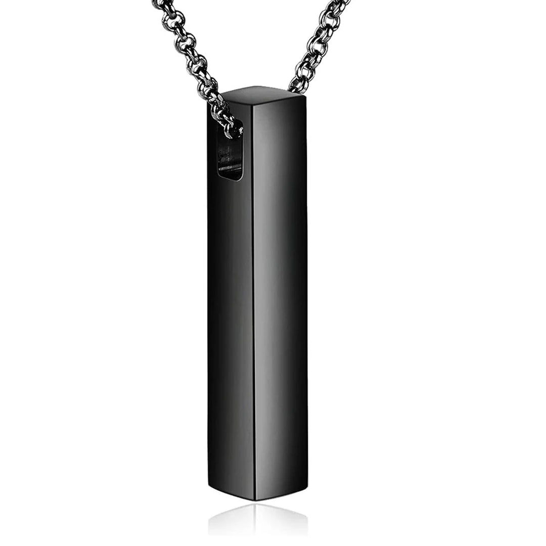 Black vertical bar urn pendant necklace for pet ashes with a modern finish. Custom engraved memorial jewelry for pet remembrance.