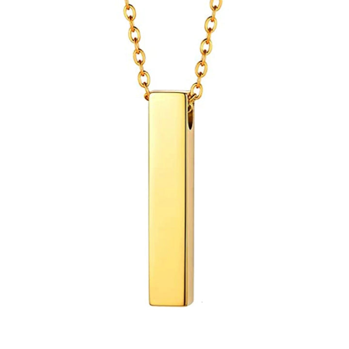 Gold custom vertical bar urn pendant necklace designed to hold pet ashes. Elegant memorial jewelry for pet remembrance.