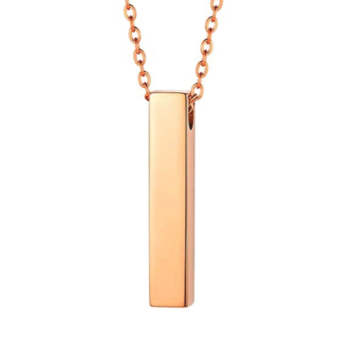 Rose gold engraved pet ashes necklace with custom vertical bar urn pendant for memorial jewelry. Ideal keepsake for honoring a beloved pet.