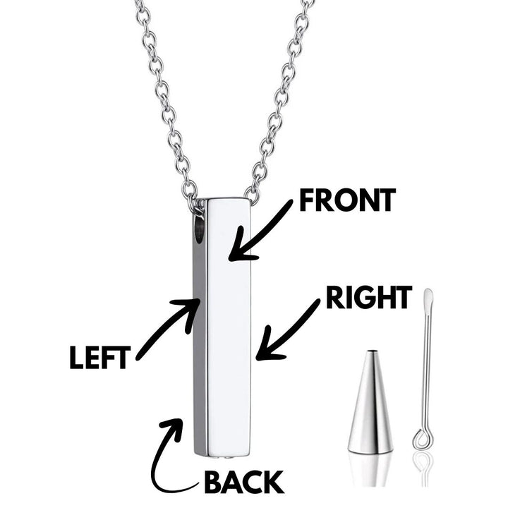 Silver vertical bar urn pendant necklace with labeled sides and filling tools. Custom pet ashes keepsake for personalized memorial jewelry.
