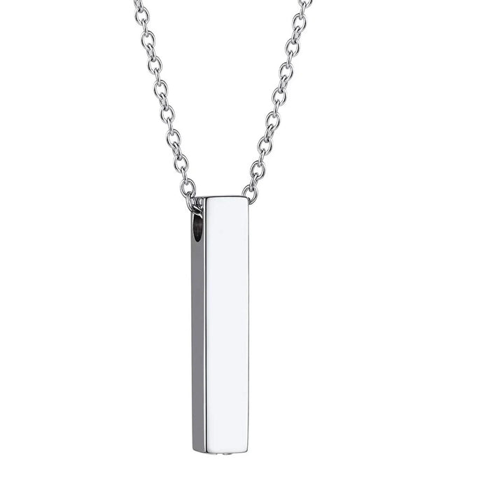 Silver engraved pet ashes necklace featuring a sleek vertical bar urn pendant. A timeless keepsake for pet memorial jewelry collections.