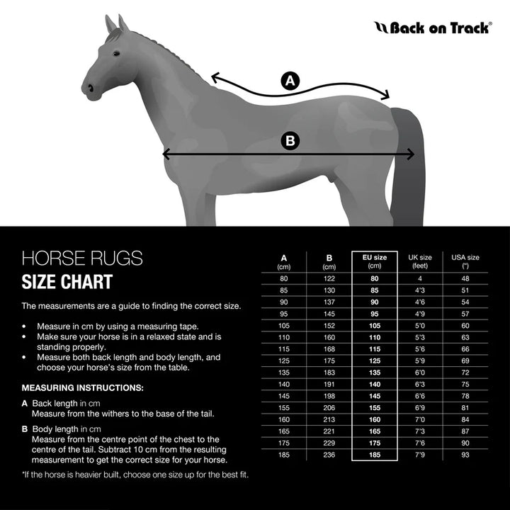 Size chart for Back On Track Deluxe Royal Horse Mesh Rug, providing measurements for proper fit and sizing guidance.