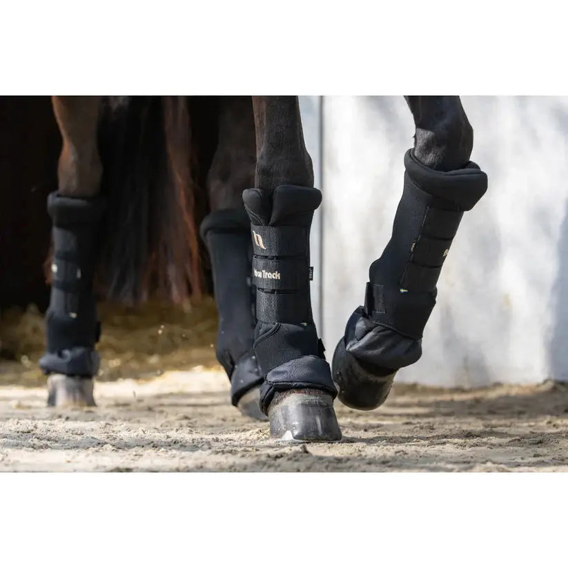 Deluxe Royal Quick Wraps with Welltex® technology on a horse's legs, providing support and comfort for tendon and joint recovery or prevention.