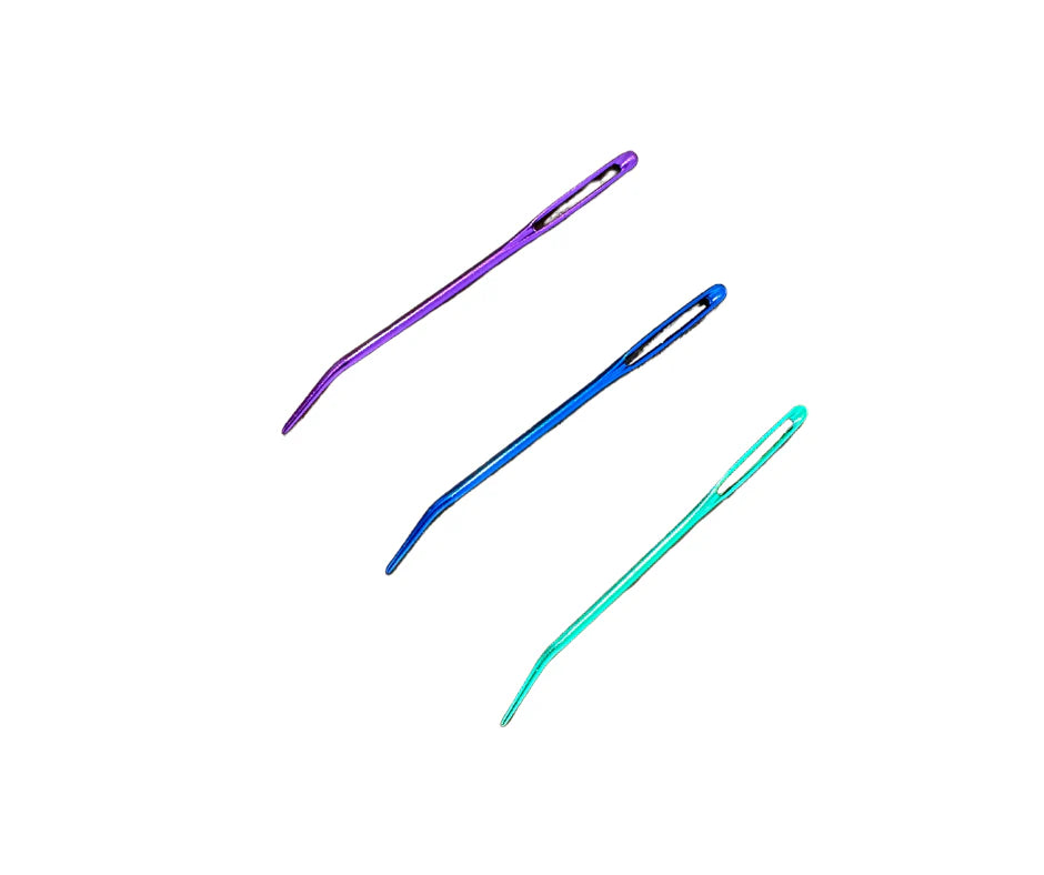 Set of three colorful aluminum horse plaiting needles in purple, blue, and green, ideal for efficient horse grooming and braiding.