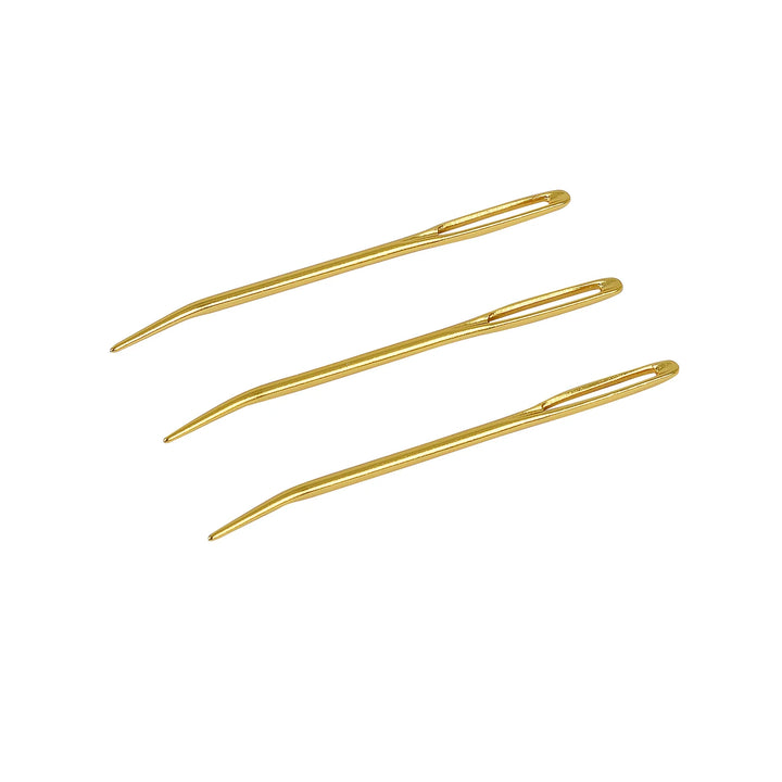 Set of three gold-colored aluminum horse plaiting needles designed for durability and ergonomic use in horse grooming and braiding.