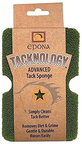 Epona Tacknology Advanced Tack Sponge packaging with product details, highlighting its gentle, durable, and grime-removing properties for horse tack care.