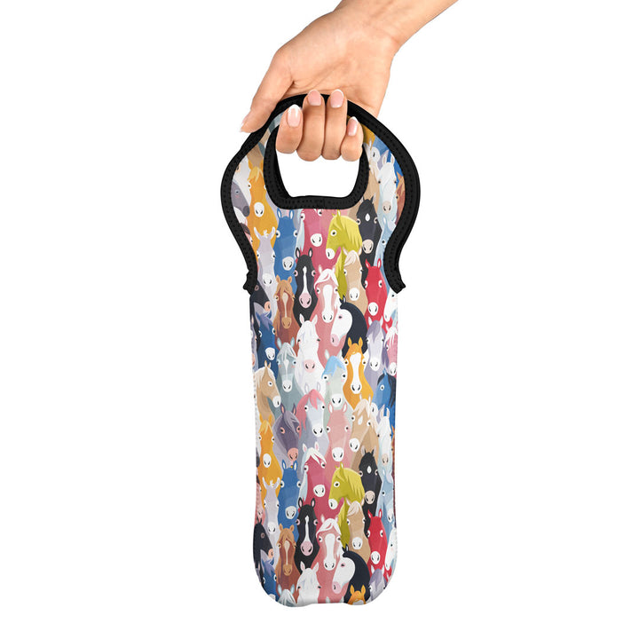 Herd of Hues Drink Bag with Horse Design, a colorful neoprene wine tote bag being held by a hand, ideal for carrying wine bottles.