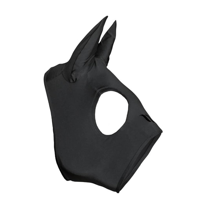 Black therapeutic compression hood for horses with ear coverage and a cutout for the eyes, designed to reduce tension and stress.