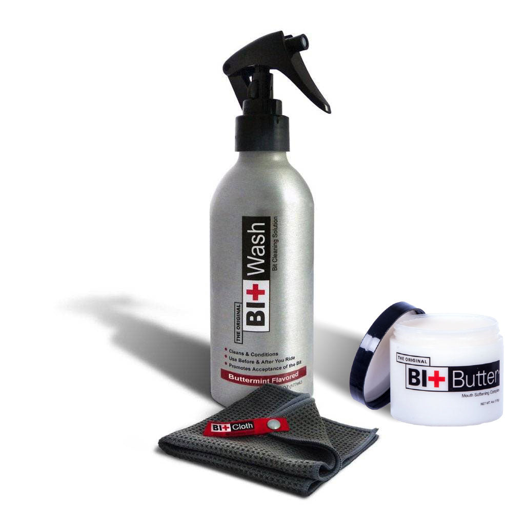 Bit Wash Cleaning Kit with spray bottle and cleaning cloth, designed for cleaning and disinfecting horse bits with buttermint flavor. Bonus travel size of the original Bit Butter