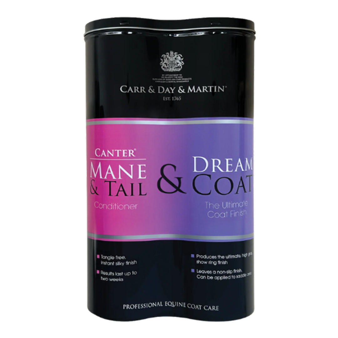 CDM Canter Mane & Tail and Dreamcoat Duo Pack in a purple and pink tin, featuring premium horse grooming products for mane, tail, and coat care.