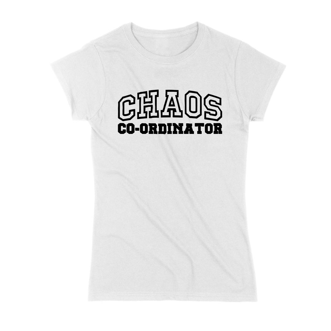 White Chaos Co-Ordinator Tee with bold black lettering, a stylish and comfortable choice for equestrian lovers.