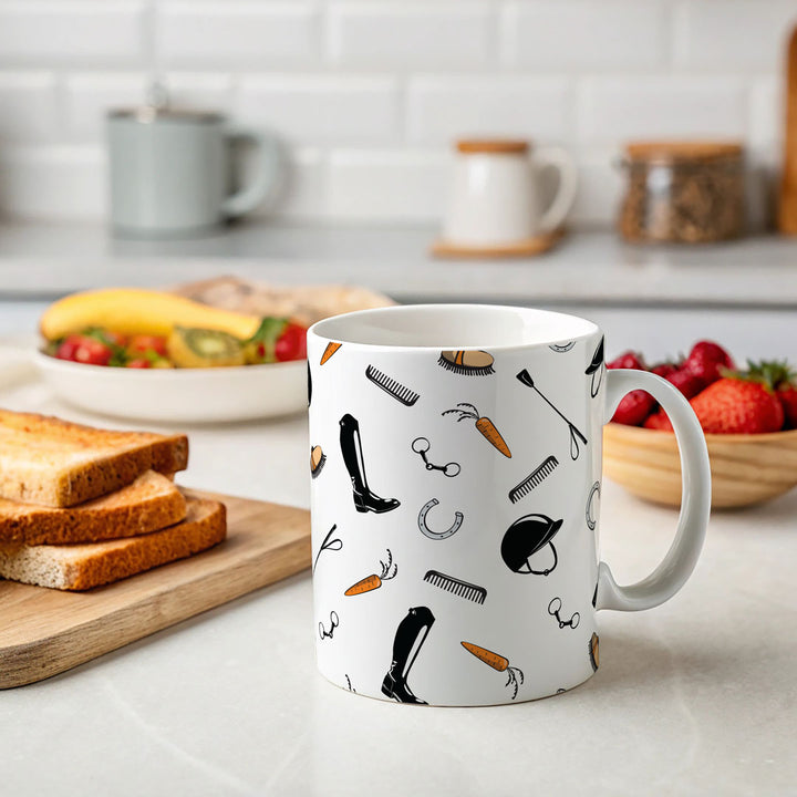 Giddy Up Mug with equestrian-themed design displayed on a kitchen counter, ideal for hot or cold beverages and equine enthusiasts.