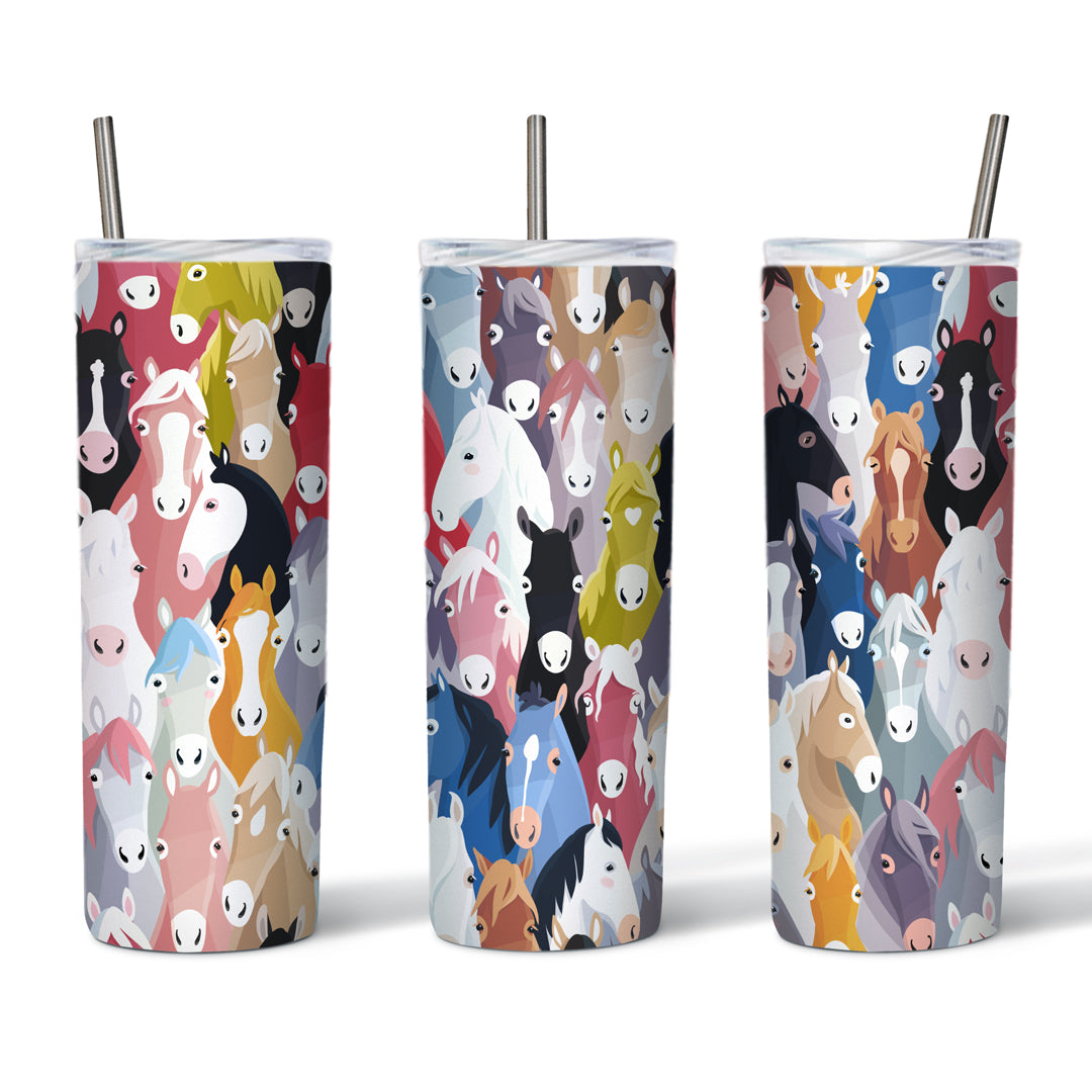 Herd of Hues Horse Drink Tumblers featuring vibrant horse illustrations in a 20 oz insulated design. Perfect for hot and cold beverages.