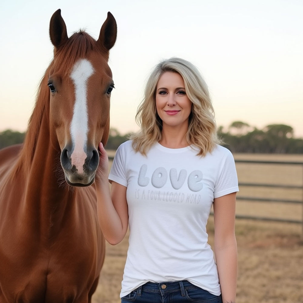 Woman wearing the Love Is A Four Legged Word Tee in white, standing next to a horse in an outdoor setting.