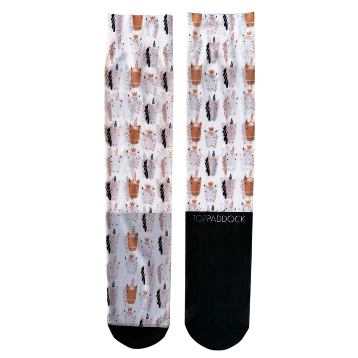 Back view of Royal Unicorns Compression Riding Socks for adults with a fun unicorn print and black footbed, perfect for riders seeking comfort.