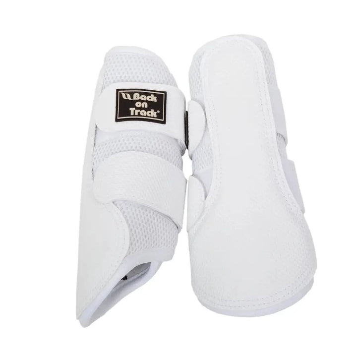 White 3D Mesh Brushing Boots with secure straps and breathable design for horse leg protection during exercise.