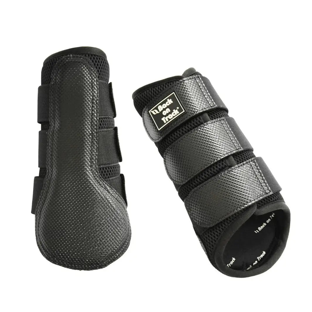 Black 3D Mesh Brushing Boots with durable straps and ergonomic design for horse leg care during training.