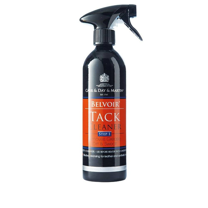 Belvoir Step 1 Tack Cleaner Spray bottle with black trigger nozzle, designed for removing grease, sweat, and dirt from leather tack.