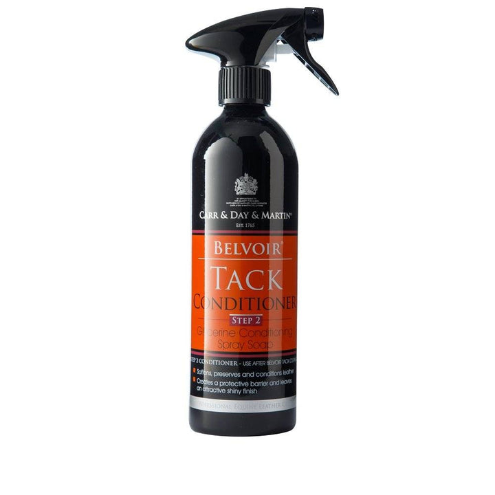 Belvoir Step 2 Tack Conditioner Spray bottle with orange and black label, ideal for conditioning and shining saddlery leather.