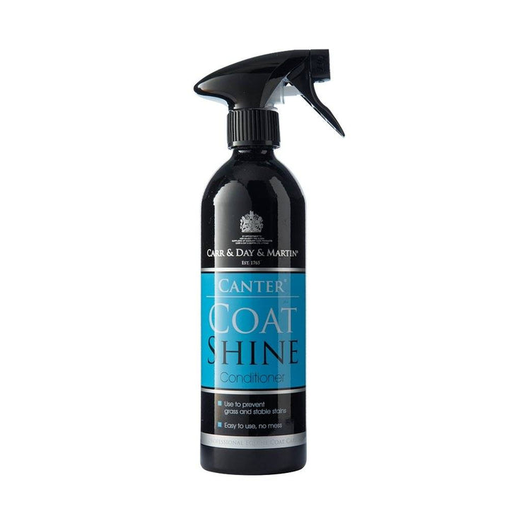 Canter Coat Shine spray bottle with black and blue label, designed for horse grooming and providing a long-lasting, non-greasy sheen.