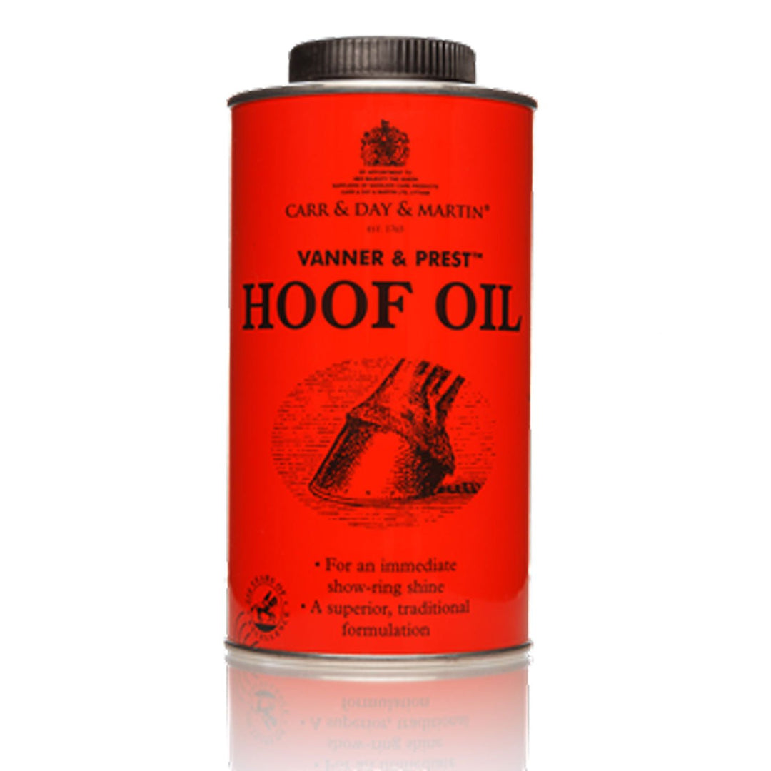 Vanner & Prest Hoof Oil by Carr & Day & Martin Australia in a red tin container with black text and a hoof illustration, ideal for horse hoof care and maintenance.