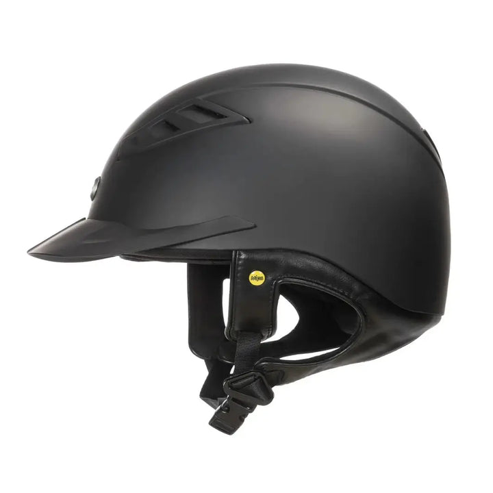 Side view of the Back On Track EQ3 Lynx Smooth Riding Helmet with MIPS in black, showcasing its sleek profile and chin strap.