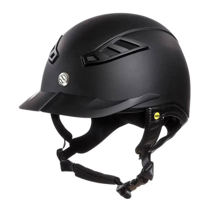 Back On Track EQ3 Lynx Smooth Riding Helmet with MIPS technology in black, featuring a sleek design and adjustable chin strap.