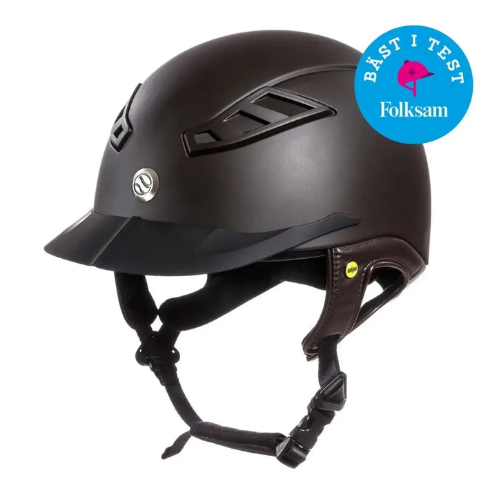 Back On Track EQ3 Lynx Smooth Riding Helmet with MIPS in black and brown, awarded 'Best in Test' by Folksam for its safety features.