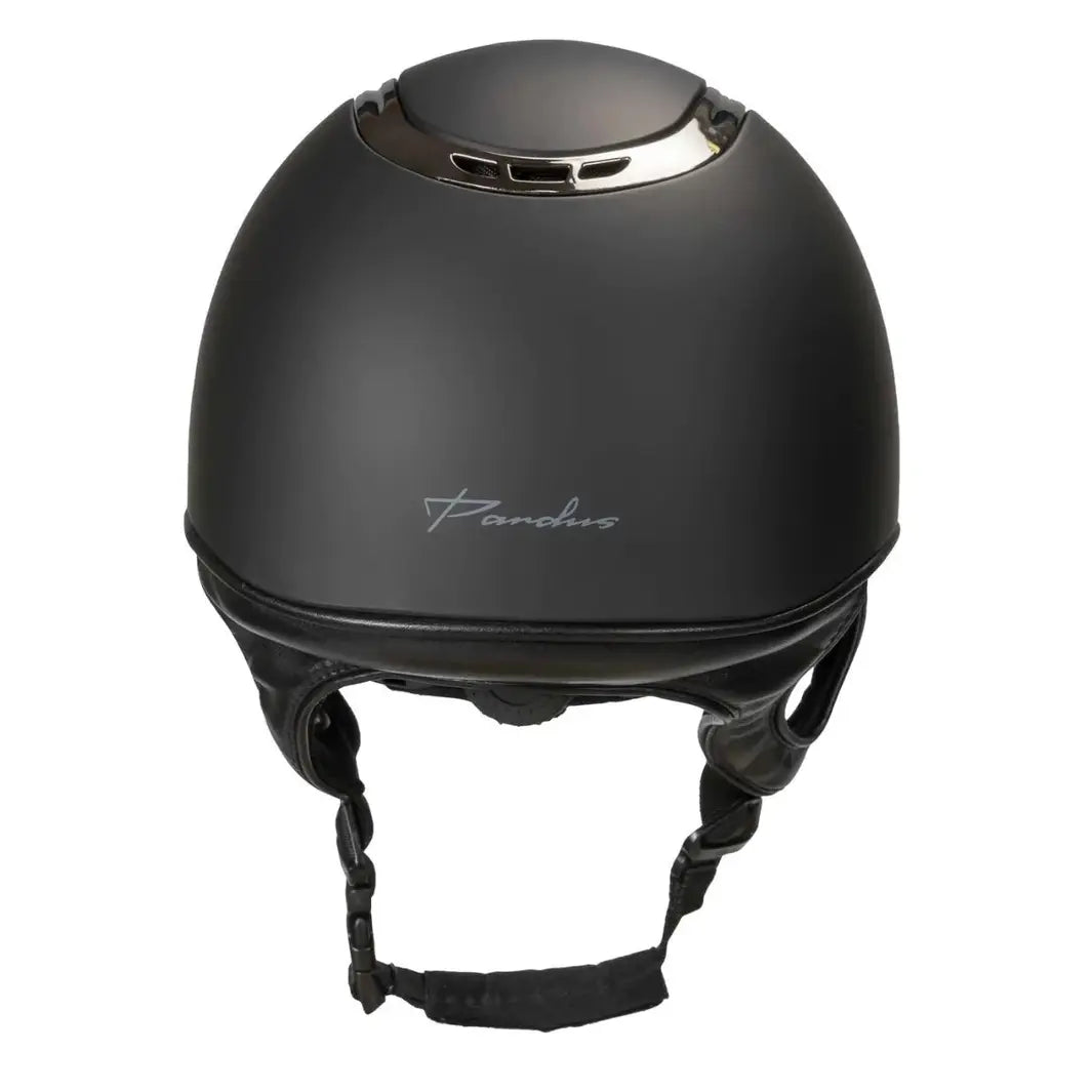 Rear view of the Back On Track EQ3 Pardus Smooth Horse Riding Helmet with MIPS in black, featuring the Pardus logo and adjustable fit system.