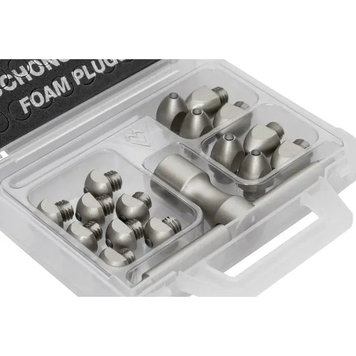 Close-up of FASTUDS Soft Ground Stud Kit components with durable studs, foam plugs, and key in a transparent storage case.