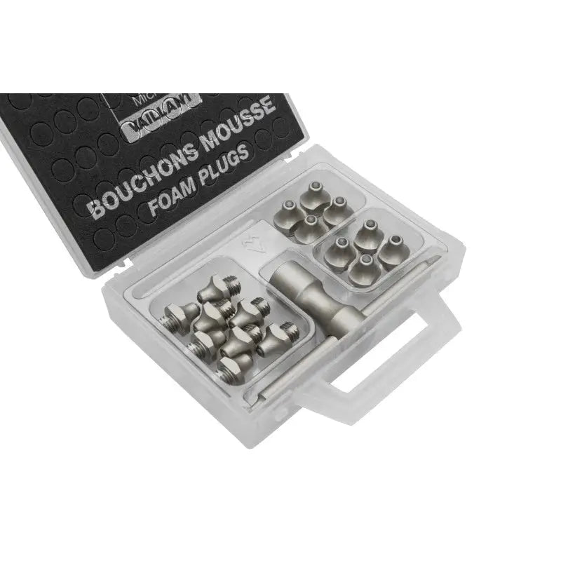 FASTUDS Hard Ground Stud Kit with foam plugs, key, and durable studs neatly arranged in a compact plastic case.