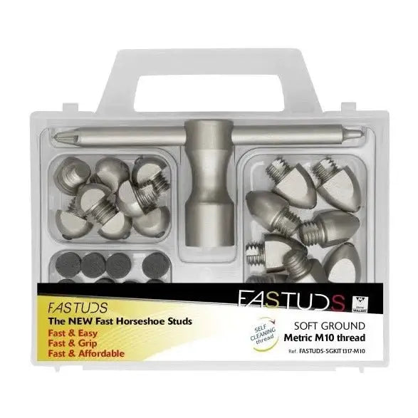 FASTUDS Soft Ground Horse Stud Kit featuring 8 HG-14 studs, key, and foam plugs in a durable storage case for horse tack.