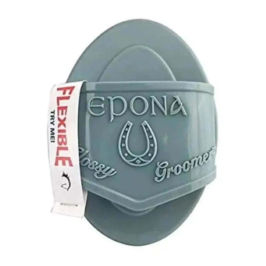 Close-up of the Flexible Glossy Groomer by Epona with branding and flexible rubber material, ideal for horse grooming.