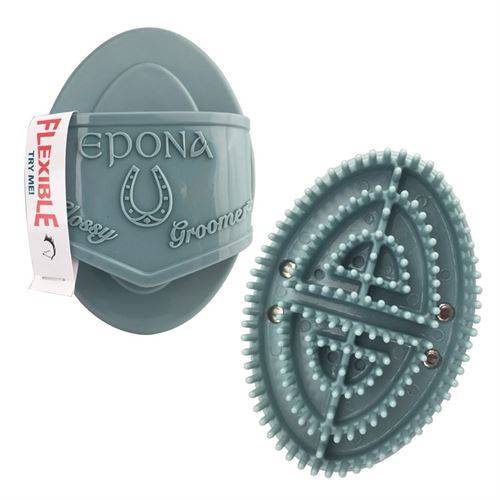 Flexible Glossy Groomer by Epona, a rubber curry comb with soft bristles and ergonomic design for horse grooming and massage.