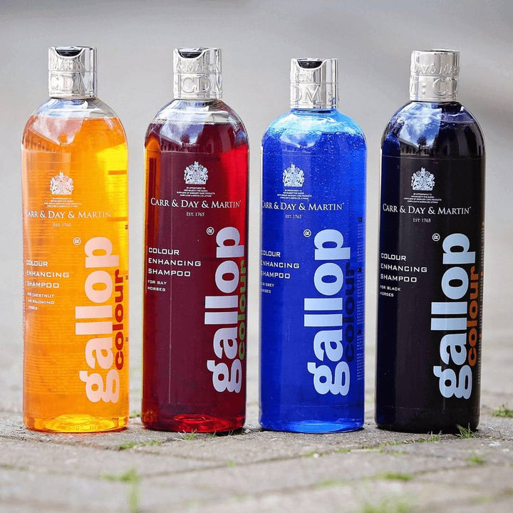 Set of Gallop Colour Enhancing Shampoos in orange, red, blue, and black bottles for tailored coat care and grooming solutions.