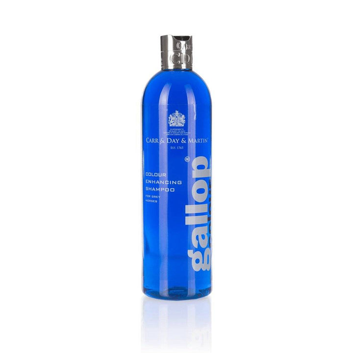 Gallop Colour Enhancing Shampoo for Grey Horses in a sleek blue bottle, designed to brighten and enhance grey horse coats.