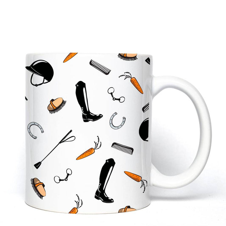 Giddy Up Mug featuring equestrian-themed illustrations like boots, helmets, carrots, and horseshoes. Perfect for horse lovers.