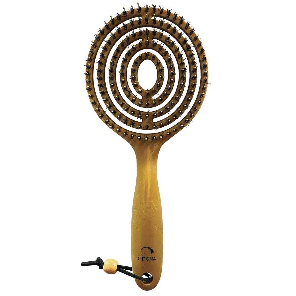 Queen's Mane and Tail Brush with circular bristle design, featuring boar hair and nylon bristles for detangling and smoothing horse manes and tails.