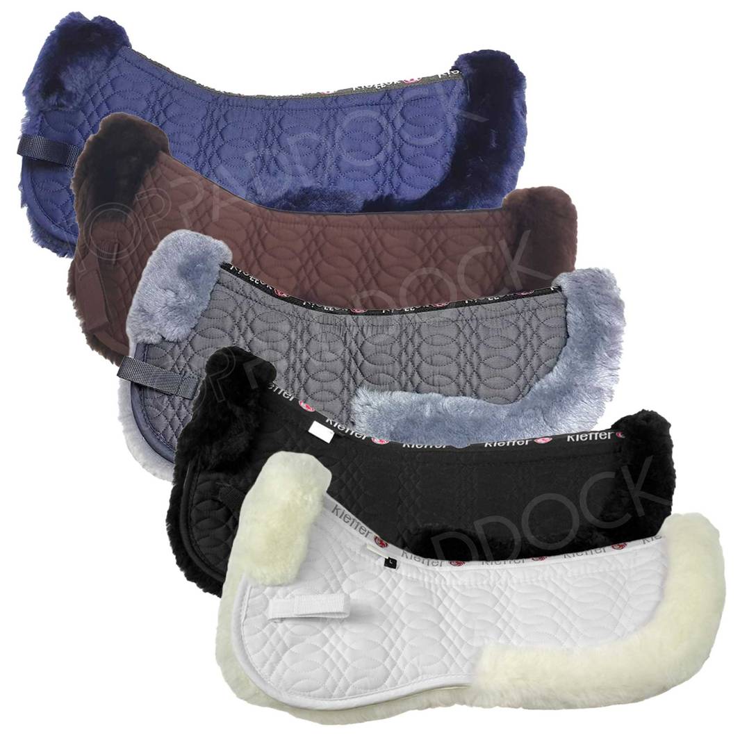 Kieffer Merino Fleece Half Pad in various colors, featuring premium Australian merino sheepskin for equestrian comfort and horse well-being.