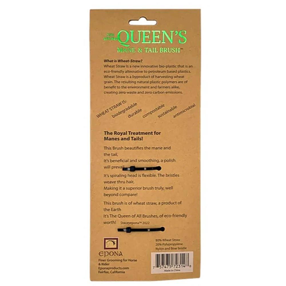 Back packaging of Queen's Mane and Tail Brush highlighting eco-friendly wheat straw material, flexible bristles, and polishing benefits for horse grooming.