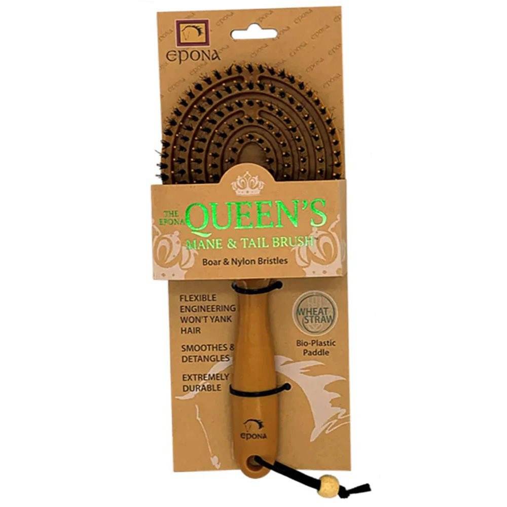 Queen's Mane and Tail Brush with boar and nylon bristles, featuring a bio-plastic paddle and ergonomic design for detangling and smoothing horse hair.