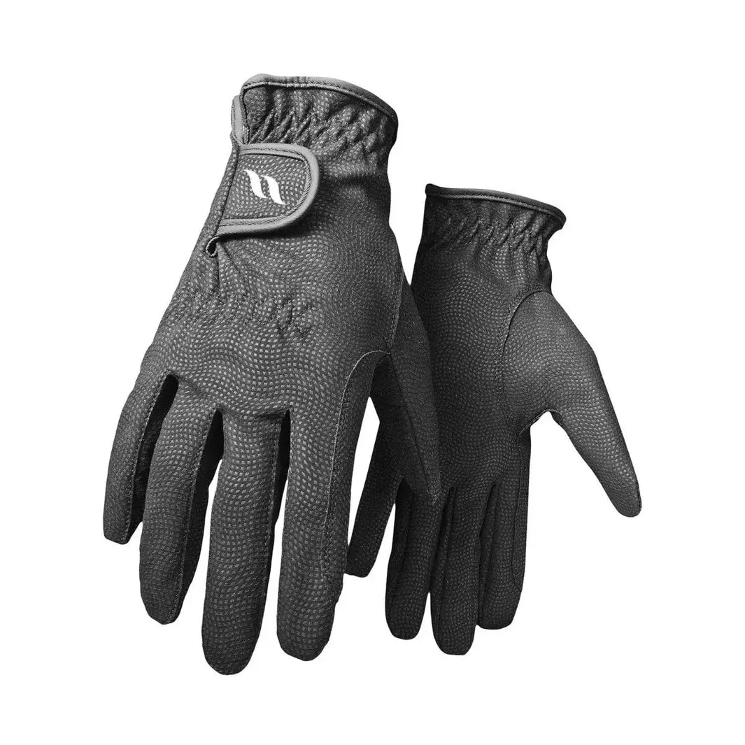 Black therapeutic horse riding gloves with textured grip and adjustable strap, designed for comfort and support.